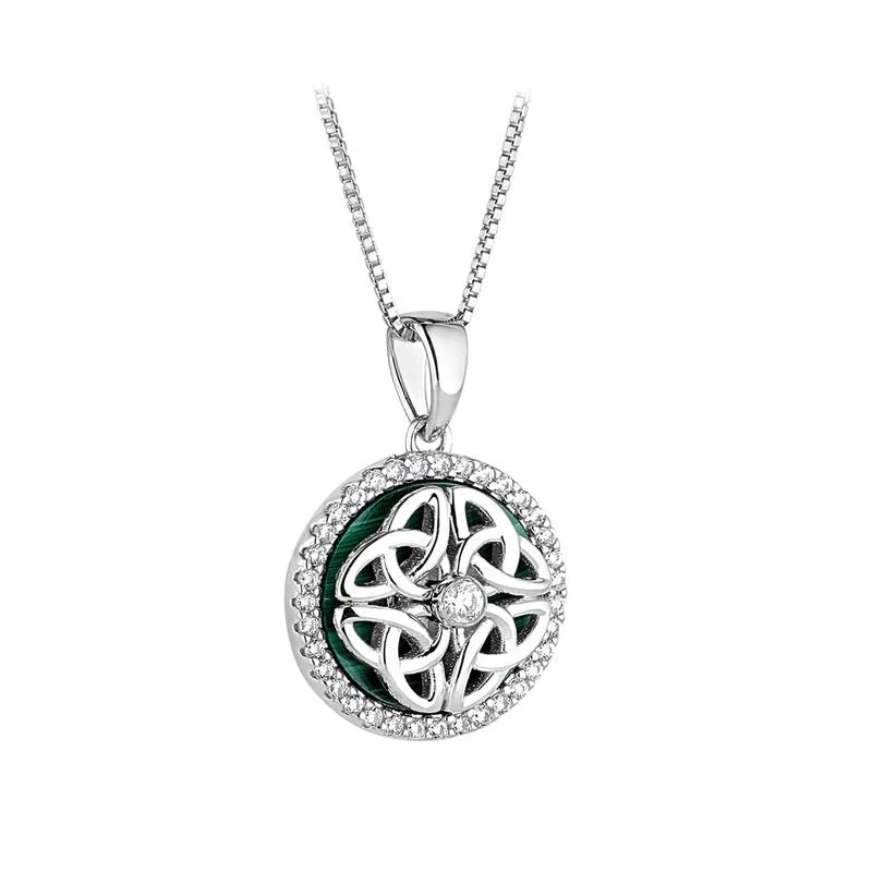 Unique statement necklaces with mixed materials -Sterling Silver Malachite Spinning Celtic Pendant with Chain S47102