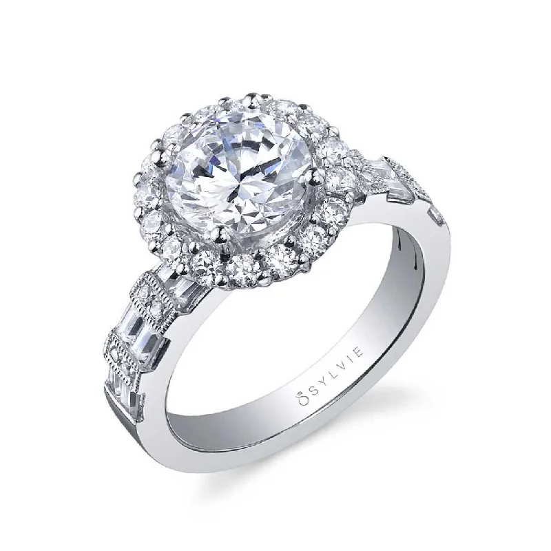 Silver rings for everyday elegance -Sylvie Round Halo Baguette Engagement Ring SY910