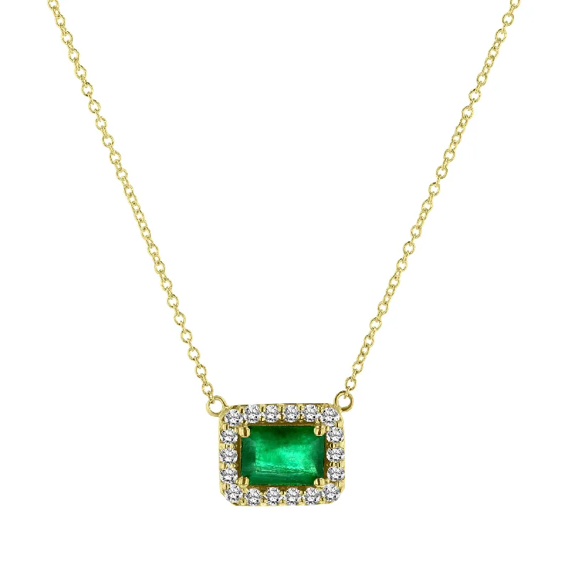 Pearl and diamond necklaces for classic elegance -Emerald and Diamond Halo Necklace, 14K Yellow Gold