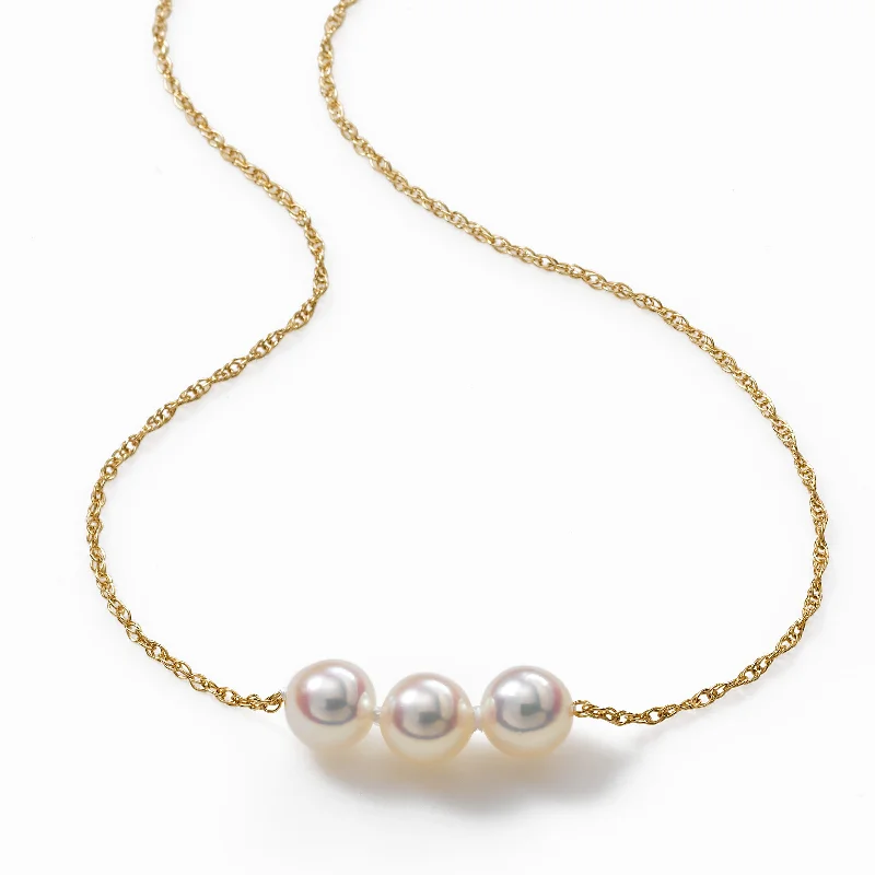 Vintage gemstone necklaces for retro style -Pearl Starter Necklace, 3 Akoya 6MM Pearls, 15 Inches, 14K Yellow Gold