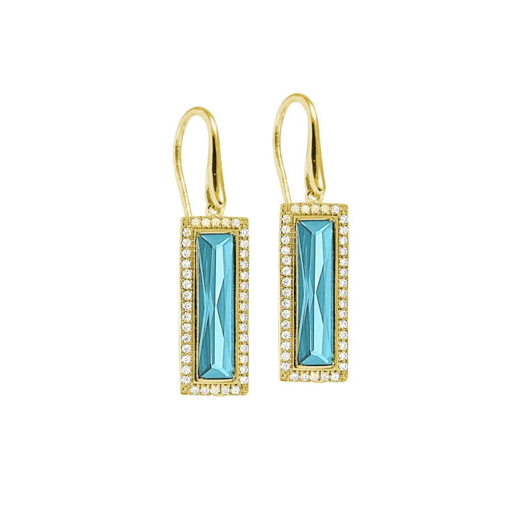 Trendy ear cuffs with gemstone embellishments -Rhodium Finish Sterling Silver Earrings with Rectangular Simulated Aquamarine Stones and Simulated Diamonds