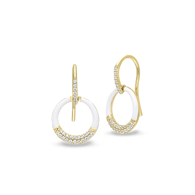 Long dangling earrings with gold accents -Gold Vermeil Sterling Silver Micropave White Enamel Open Circle Drop Earrings with Simulated Diamonds