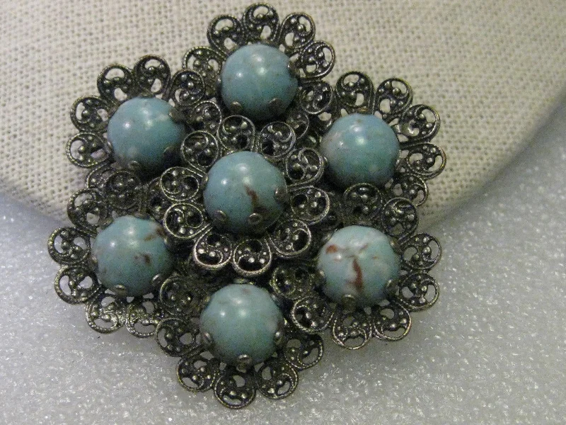 Brooch for coats-Vintage Brooch, Silver tone Filigree Blue Stone Art Deco Blossom Shaped, 2.25"