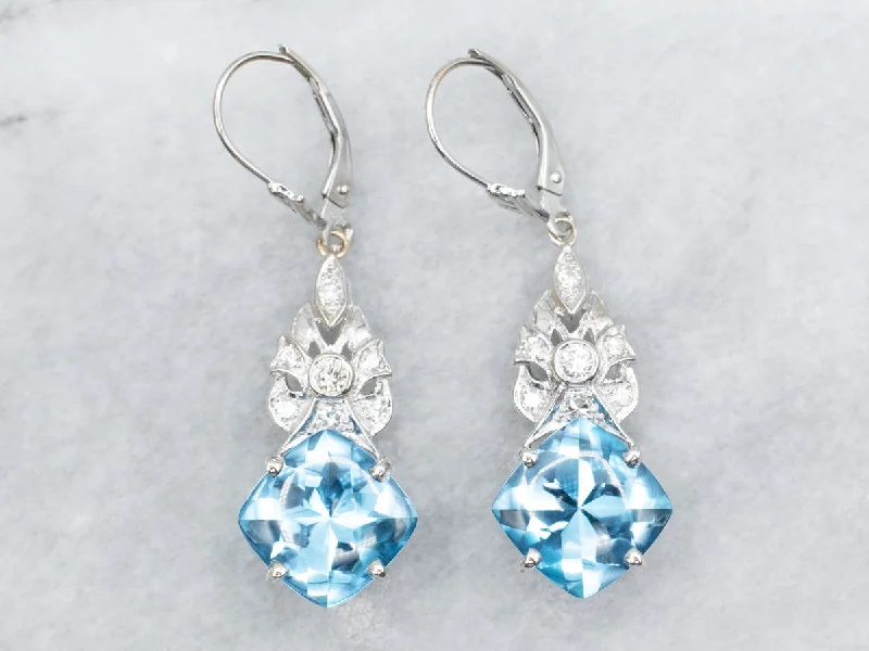 Personalized crystal earrings for unique gifts -Blue Topaz and Diamond Drop Earrings