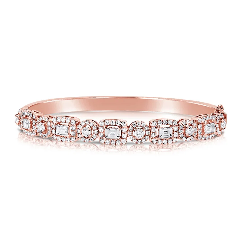 Kids bracelets-14K Rose Gold Mixed Shape Round and Baguette Diamond Hinged Bangle