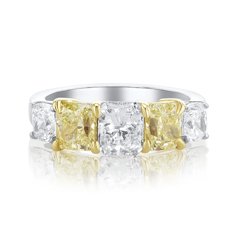 Fashionable gemstone rings for vibrant outfits -3.25 Carat Light Yellow and White Natural Radiant & Cushion Cut Diamond 5 Stone Band in 14K White & Yellow Gold