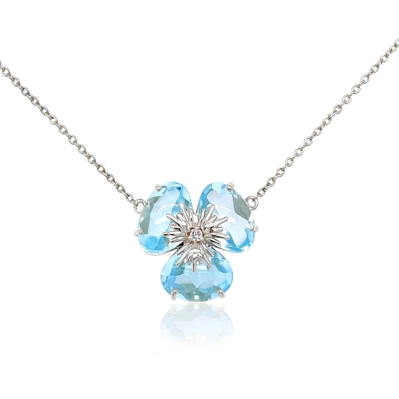 Luxury diamond pendant necklaces for upscale fashion -Blue Topaz Flower Pansy Necklace, 18K White Gold