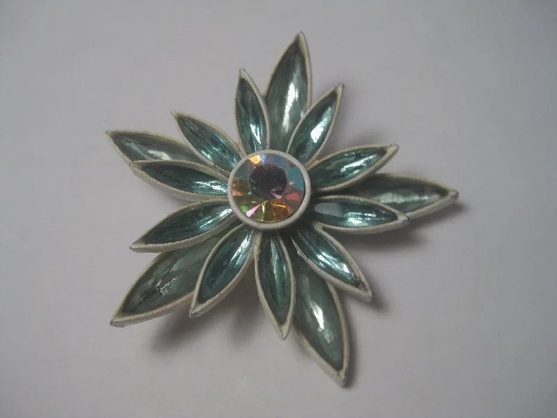 Butterfly gem brooch-Vintage 1960's Aqua Navette White Enameled Floral Brooch with A.B. Center, 2.5"