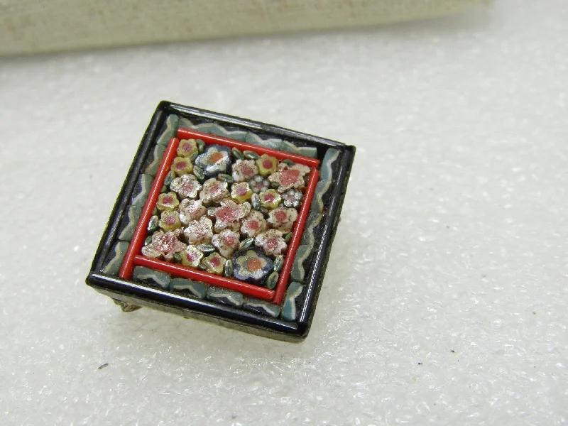 Small brooch-Vintage Floral Micro Mosaic Brooch, 7/8" square, Italy, 1950's-1960's