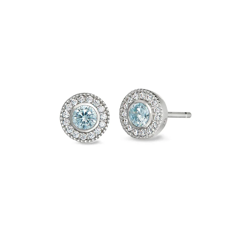 Custom gemstone earrings for personalized gifts -Platinum Finish Sterling Silver Micropave Round Simulated Aquamarine Earrings with Simulated Diamonds