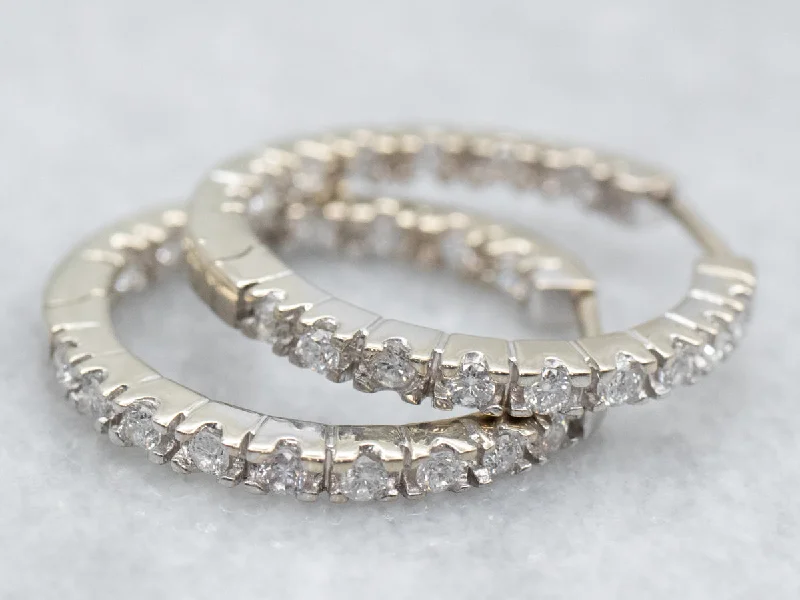 Silver hoop earrings with gemstone accents -White Gold Diamond Hoop Earrings