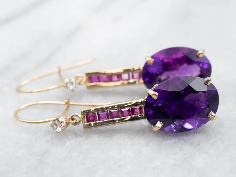 Simple silver hoop earrings for casual style -Yellow Gold Amethyst Drop Earrings with Ruby and White Topaz Accents