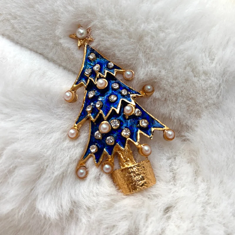 Gold-tone brooch-Blue Christmas tree brooch in enamel