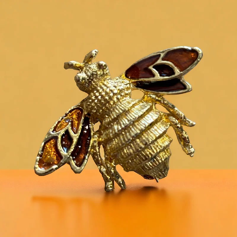 Brooch for fashion accessories-Vintage Golden Bee Brooch Amber Enamel Wings