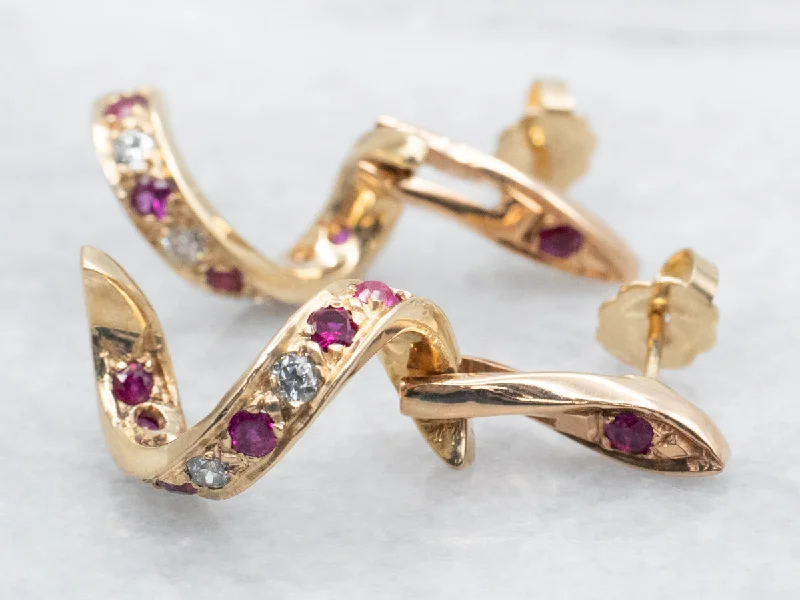 Long dangling earrings with gold accents -Diamond and Synthetic Ruby Swirl Earrings