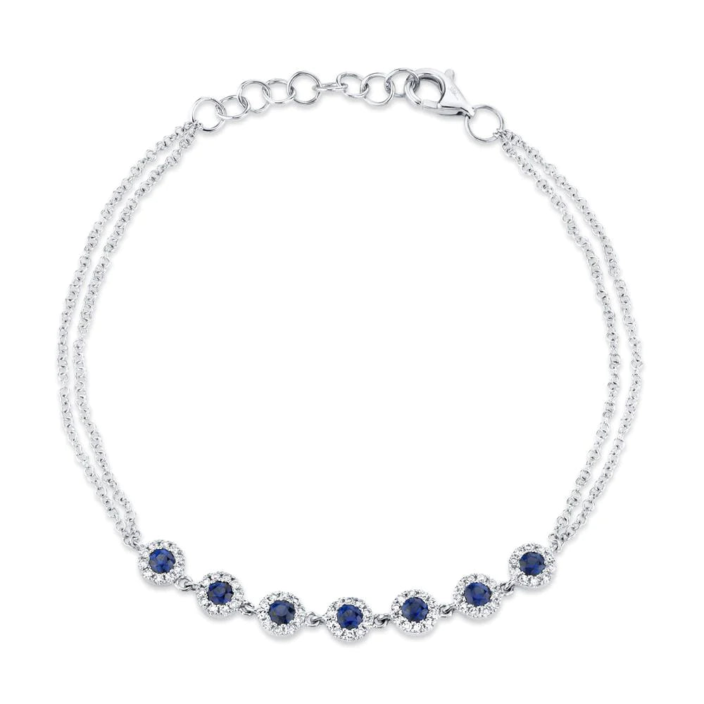 Fashion wrist bracelets-14K White Gold Diamond Halo and Blue Sapphire Bracelet