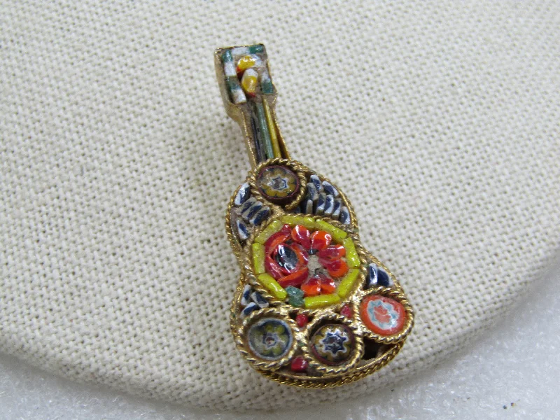 Wedding brooch-Vintage Floral Micro Mosaic Guitar Brooch, 1950's