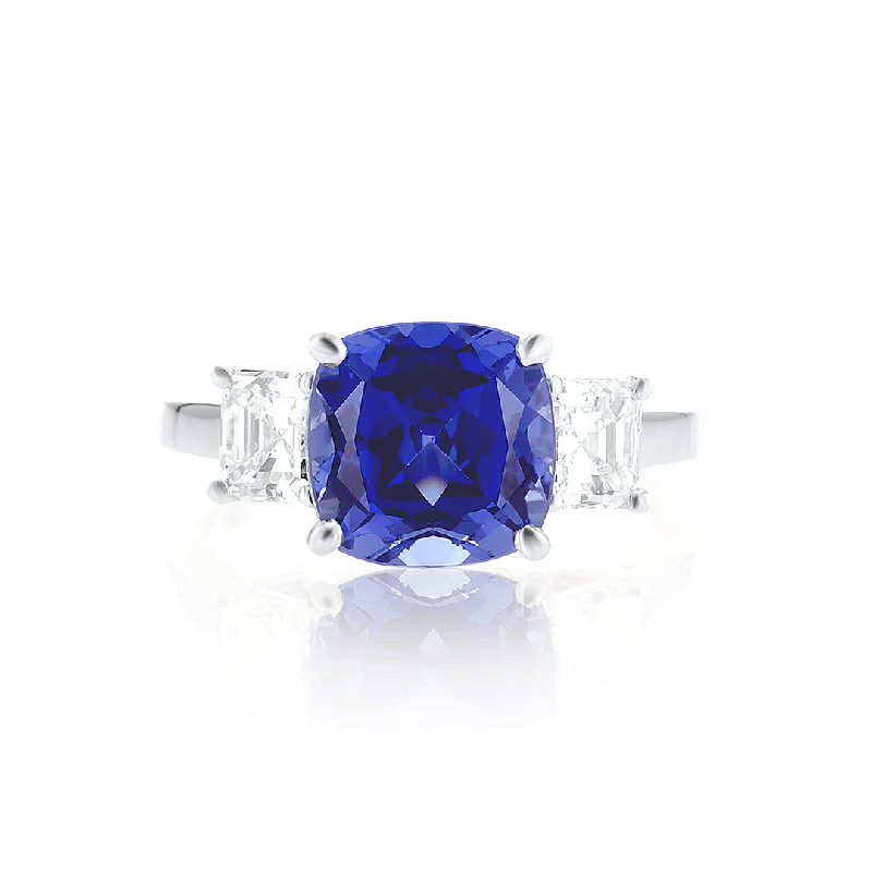 Custom diamond wedding bands for luxurious style -4.51 CT Cushion Lab Grown Sapphire and 1.20 Cttw Asscher Diamond Three Stone Platinum Ring