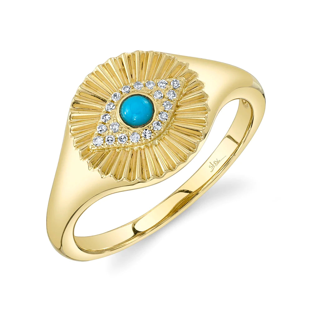 Luxury emerald rings for sophisticated fashion -14K Yellow Gold Diamond and Turquoise Eye Fluted Signet Ring