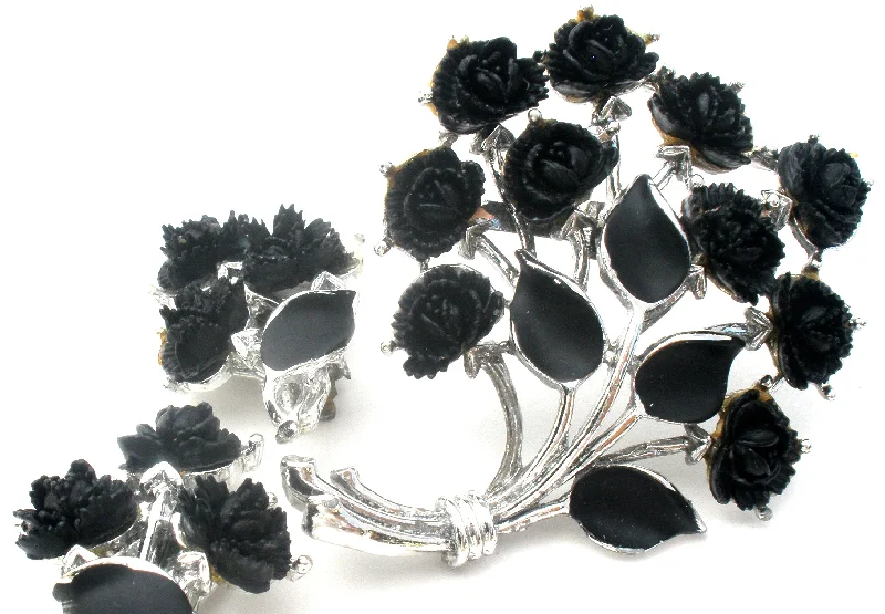 Elegant drop earrings with vintage designs -Black Thermoset Rose Brooch & Earrings Set J.J. Vintage