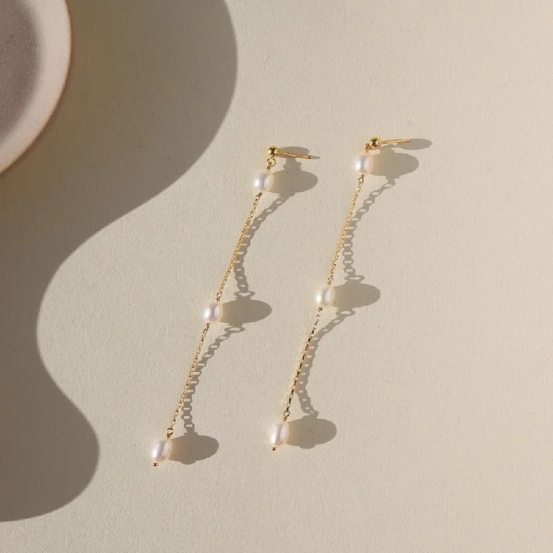 Elegant long earrings with hanging crystals -Floating Pearl Earrings