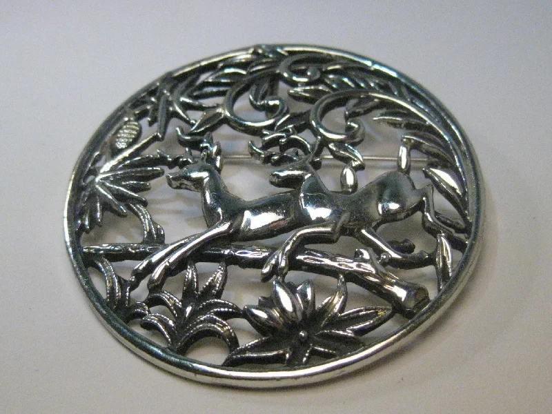 Brooch for dresses-Vintage Sarah Coventry Deer in the Woods Brooch/Pendant Combination, Silver Tone