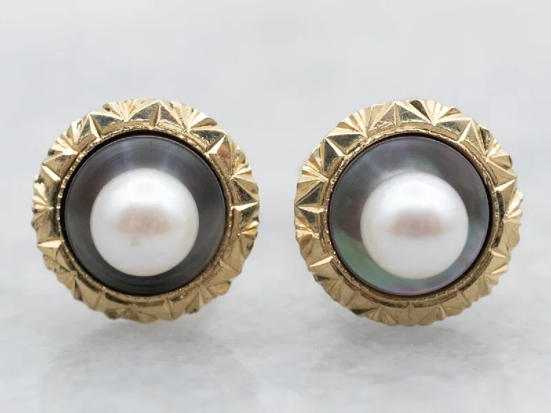 Handmade earrings with unique designs -Yellow Gold Pearl and Mother of Pearl Stud Earrings