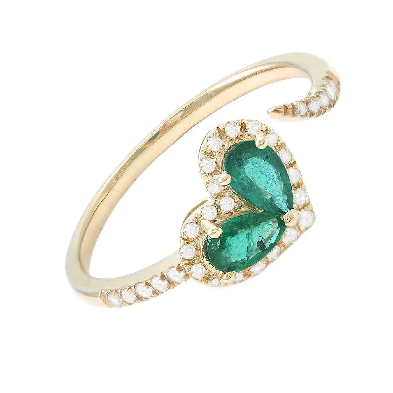 Fashionable statement rings for evening wear -14K Yellow Gold Diamond & Pear Emerald Heart Shape Ring