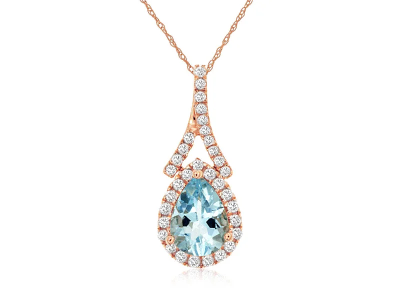 Chic silver necklaces for minimalist designs -Rose Gold Aqua Pear And Diamond Halo Necklace