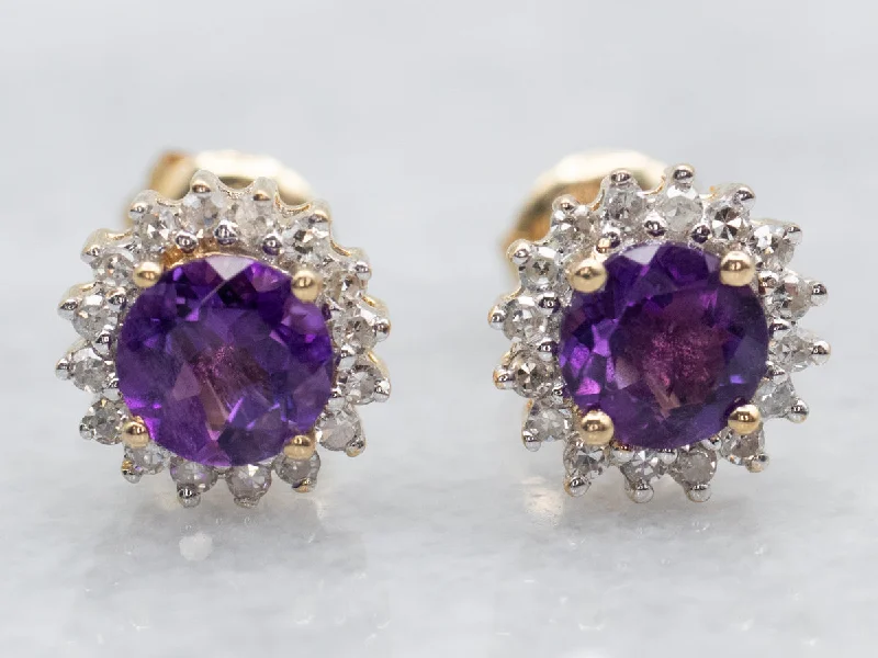 Luxury drop earrings with diamond details -Amethyst and Diamond Halo Stud Earrings