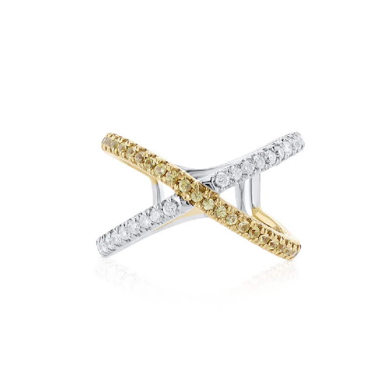 Unique statement rings with mixed metals -0.50 Cttw Round Cut Yellow Sapphire and Diamond 14K Two Tone Gold "X" Crossover Band