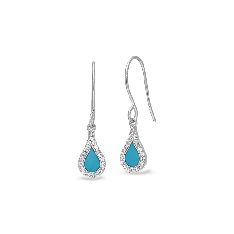 Simple pearl earrings for daily wear -Platinum Finish Sterling Silver Micropave Turquoise Enamel Teardrop Earrings with Simulated Diamonds