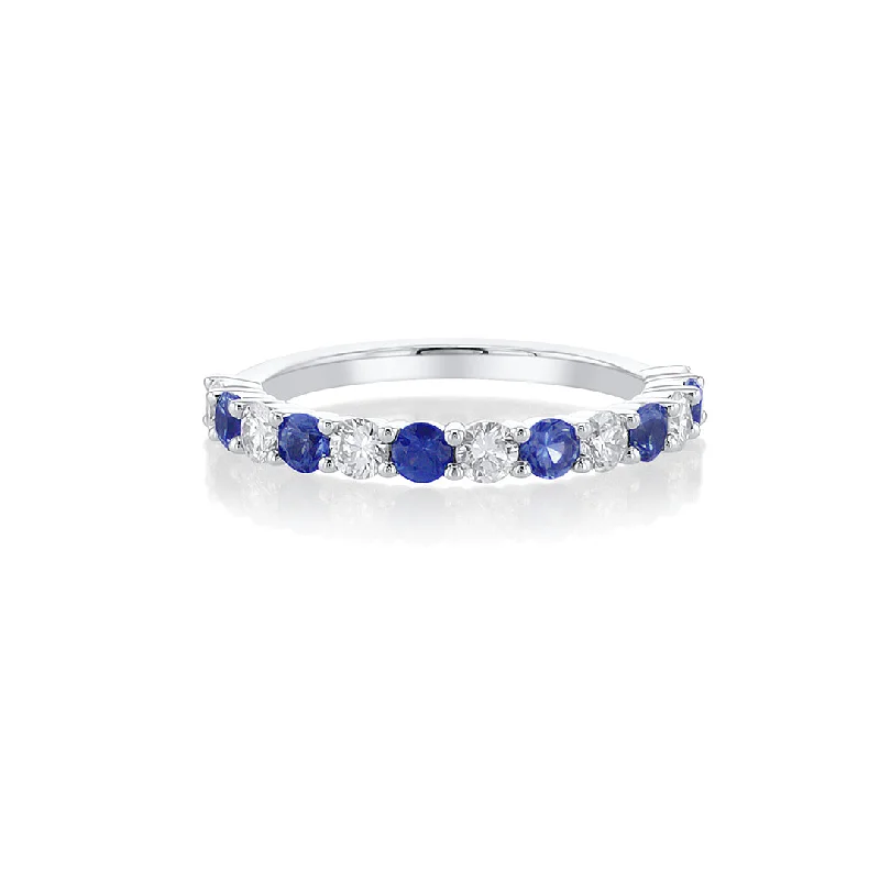 Custom gemstone rings for vibrant color -0.53 Cttw Round Diamond and 0.58 Cttw Blue Sapphire 14K White Gold Alternating Band