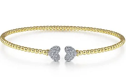 Personal engraved bracelets-14K White & Yellow Gold Split Cuff Bracelet Pave Diamond Hearts