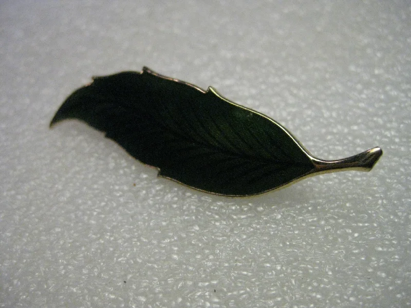 Moon brooch-Vintage Green Enameled Leaf Brooch, with black veining, goldtone, 1970's