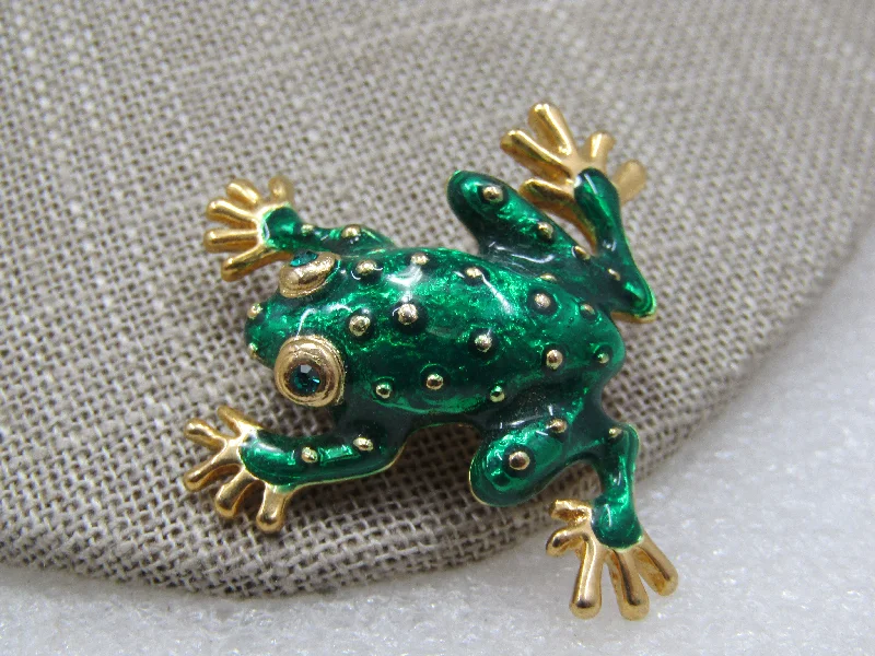 Crystal flower pin brooch-Vintage Enameled  Green Frog Brooch, Rhinestone Eyes. 1.25" tall and 1.5"