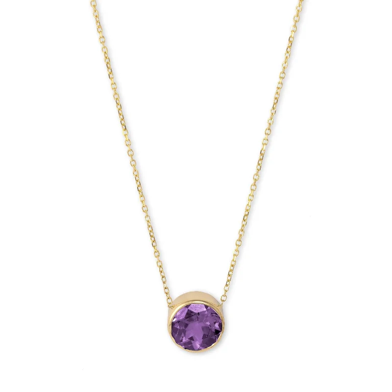 Custom photo necklaces for sentimental keepsakes -Round Amethyst Necklace, 8 MM, 14K Yellow Gold