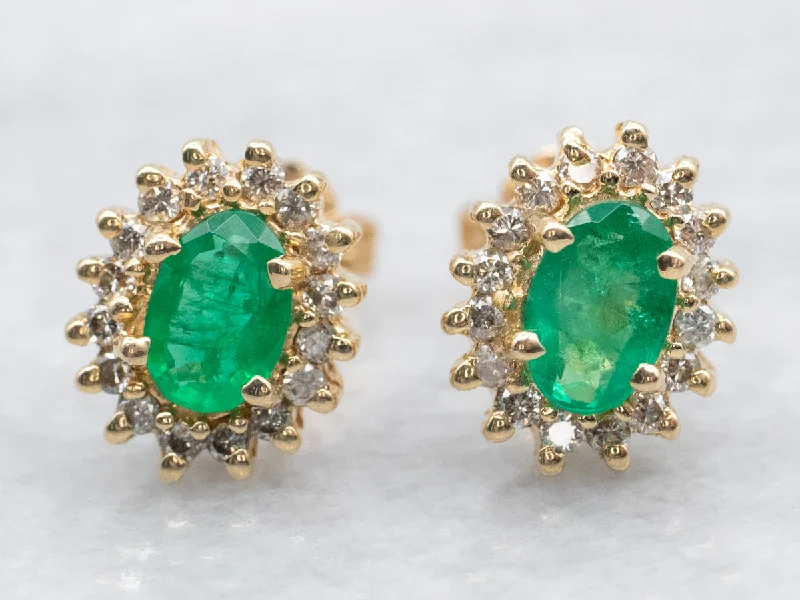 Fashionable clip earrings for all occasions -Emerald and Diamond Halo Stud Earrings