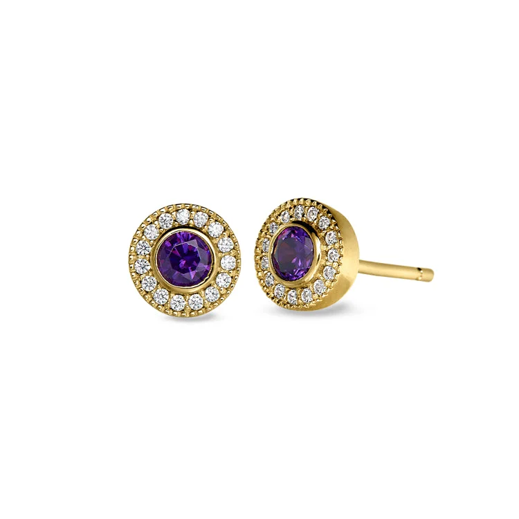 Designer gold earrings for exclusive fashion -Gold Finish Sterling Silver Micropave Round Simulated Amethyst Earrings with Simulated Diamonds