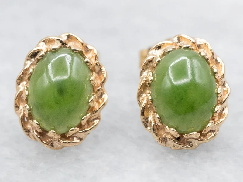 Sterling silver earrings for delicate beauty -Vintage Gold Nephrite Jade Stud Earrings