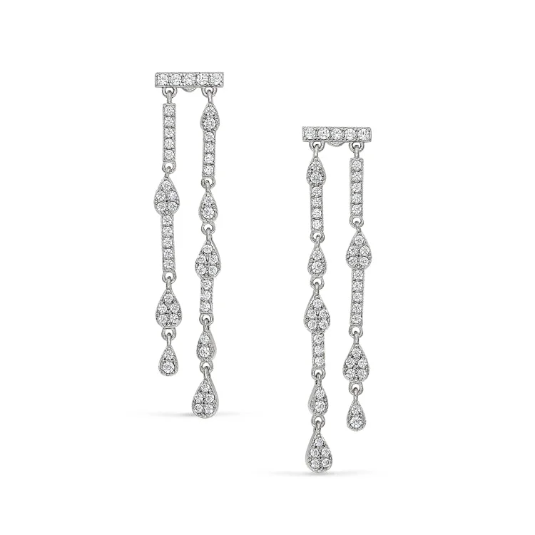 Long dangling earrings with gold accents -Platinum Finish Sterling Silver Micropave Two Row Drop Earrings with Simulated Diamonds