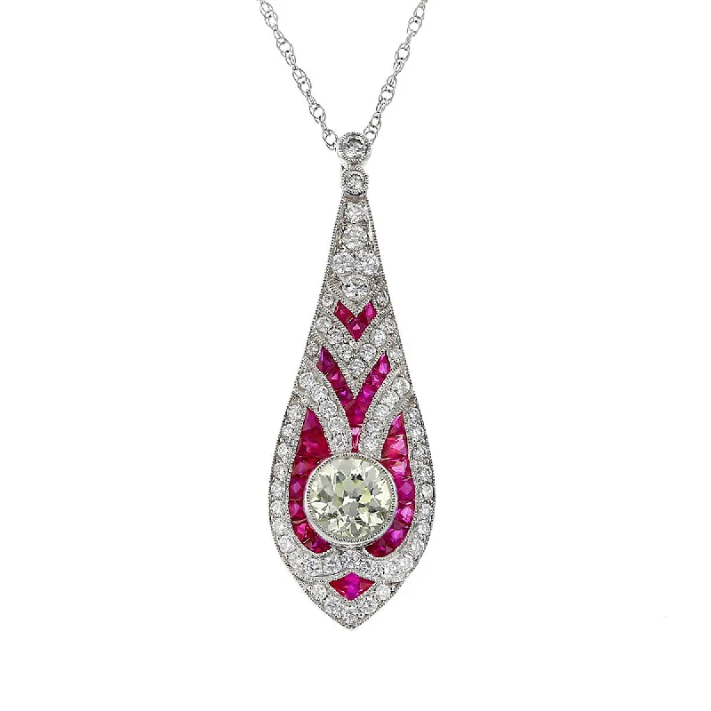 Custom engraved necklaces for unique gifts -Platinum Diamond and Ruby Pendant Necklace