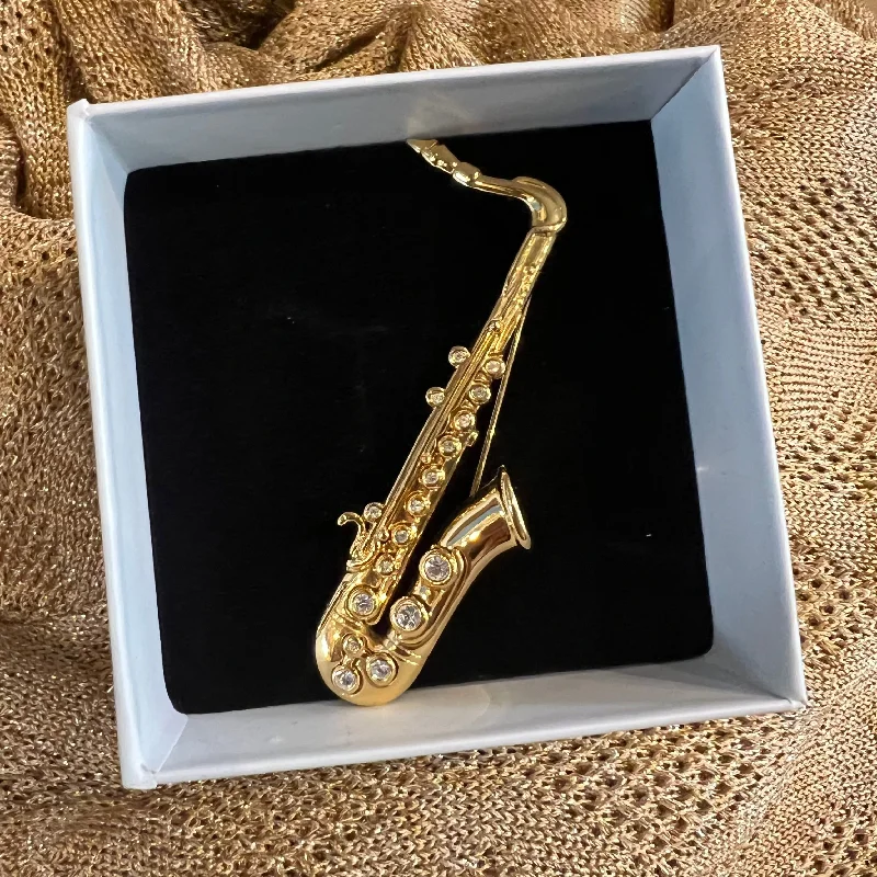 Brooch for bridal accessories-Saxaphone Gold Brooch by Cabouchon