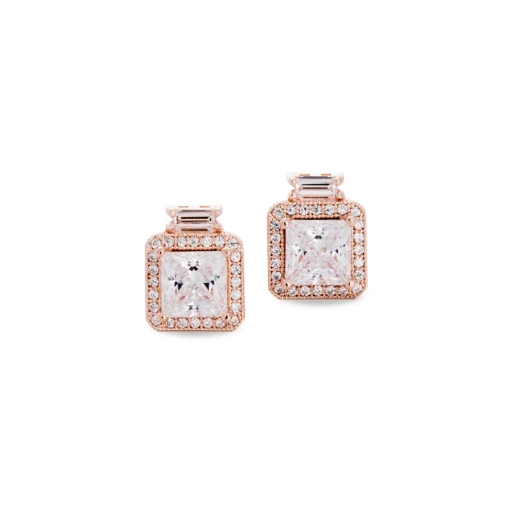 Sparkling earrings with cubic zirconia stones -Rose Gold Finish Sterling Silver Micropave Princess Cut Earrings with 52 Simulated Diamonds