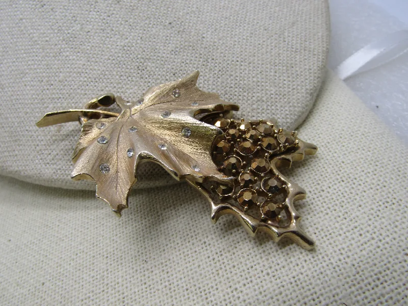 Brooch for ethnic outfits-Vintage Sarah Coventry Rhinestone Leaf Brooch, 1960's-1970's, 3"