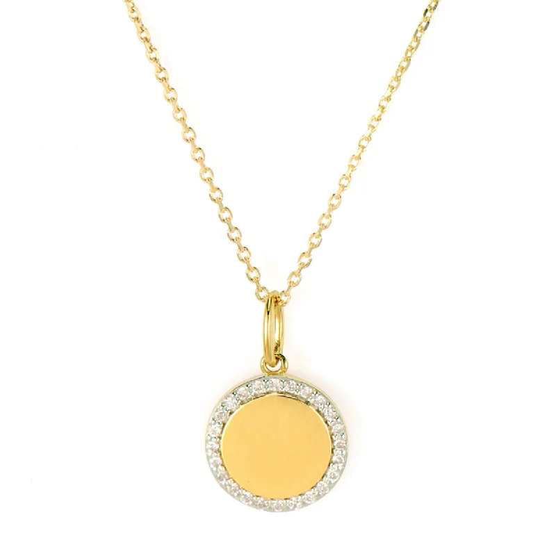 Trendy statement necklaces for evening wear -Pave Round Engravable Pendant Necklace