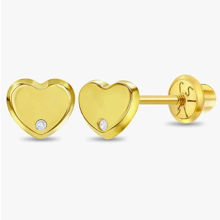 Custom flower earrings for spring fashion -Children's Gold and Diamond Heart Earrings