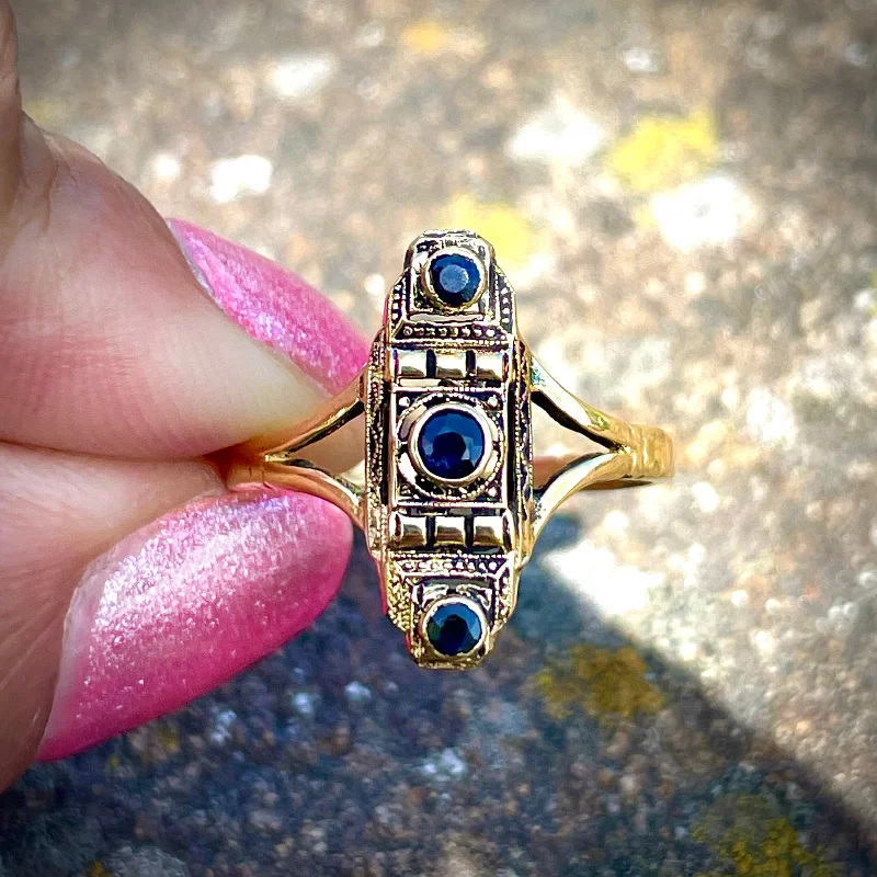 Trendy statement rings with bold designs -Estate 14K Yellow Gold Victorian-Style Ring with Blue Sapphires