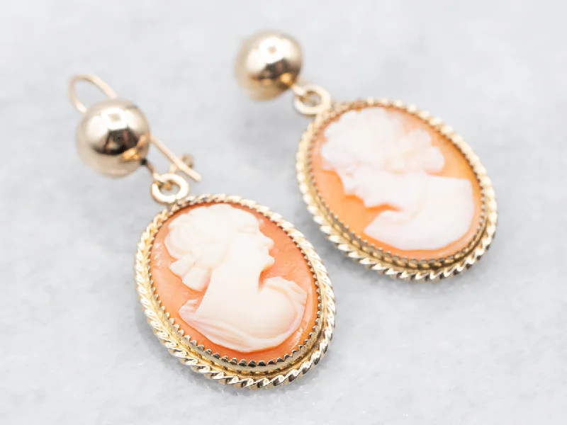 Elegant gold earrings with crystal stones -Yellow Gold Cameo Drop Earrings