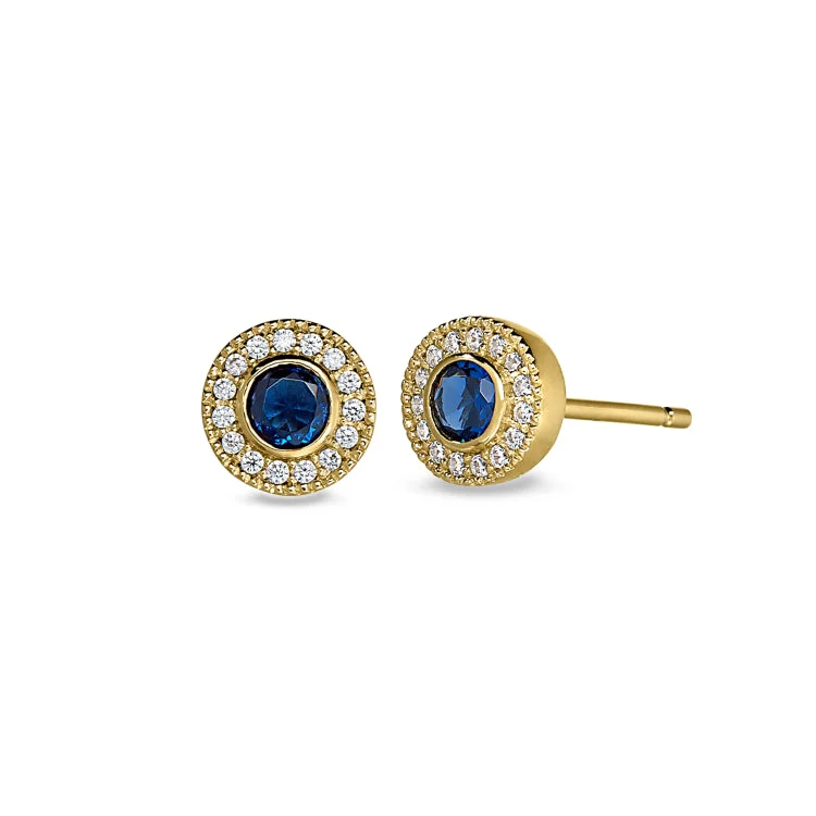 Unique geometric earrings for modern style -Gold Finish Sterling Silver Micropave Round Simulated Sapphire Earrings with Simulated Diamonds